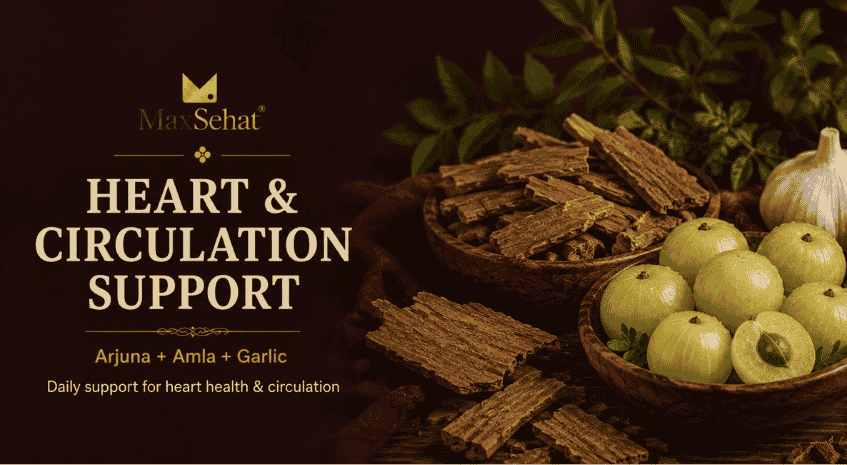 MaxSehat Heart Health and Circulation collection featuring Arjuna, Amla and Garlic herbal blends