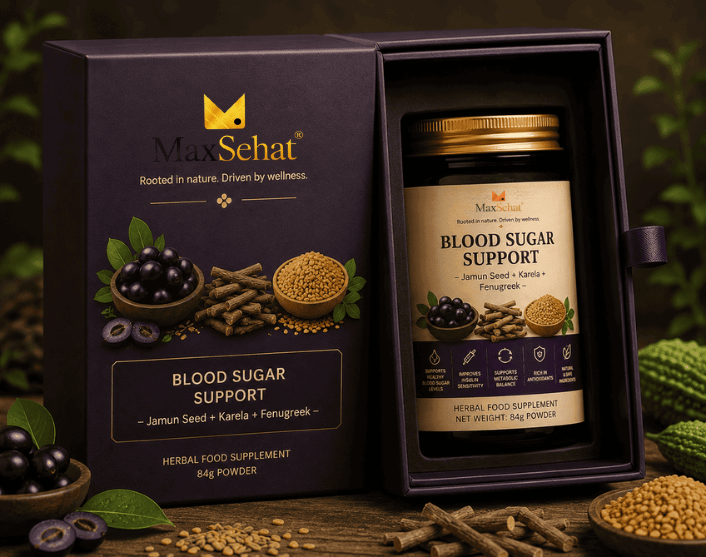 MaxSehat Blood Sugar Support product box and amber jar