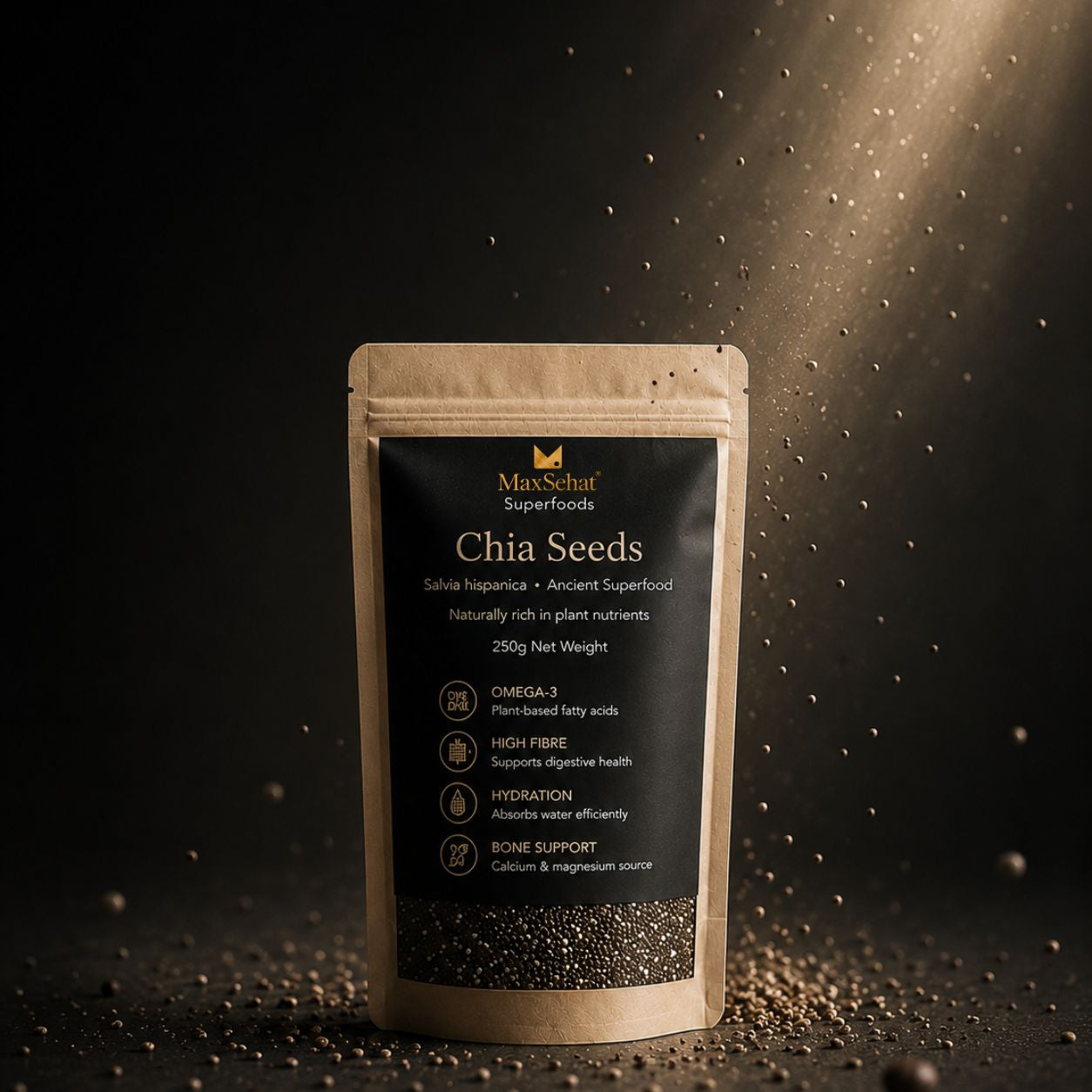 MaxSehat Chia Seeds 250g in Pakistan featuring plant-based omega-3 and high fibre nutrition