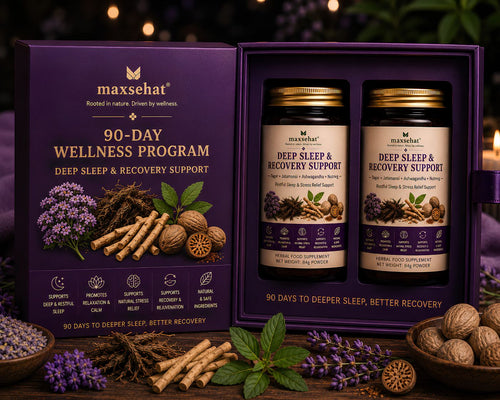 MaxSehat 90-Day Deep Sleep & Recovery Support Program featuring two herbal wellness jars in a premium presentation box.