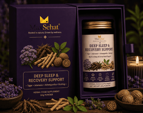 MaxSehat Deep Sleep and Recovery Support product box and amber jar
