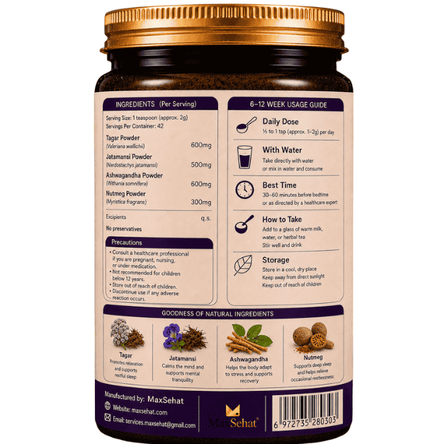 Back label of MaxSehat Deep Sleep and Recovery Support showing ingredients and usage directions