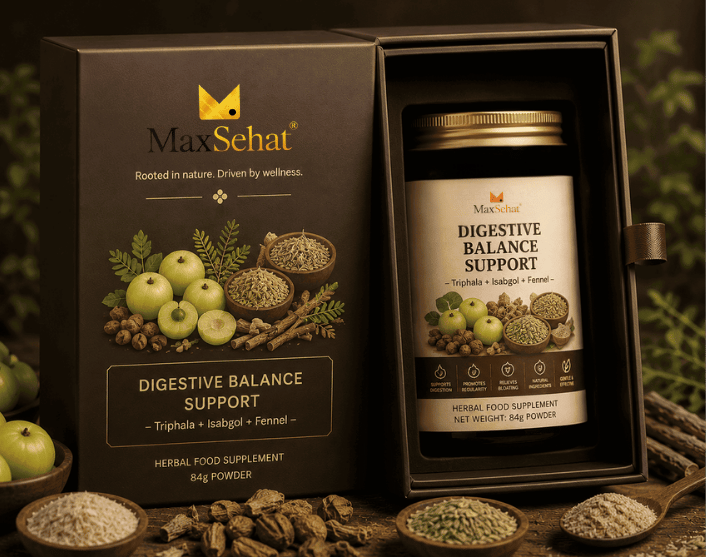 MaxSehat Digestive Balance Support product box and amber jar