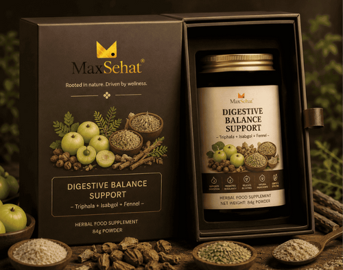 MaxSehat Digestive Balance Support product box and amber jar