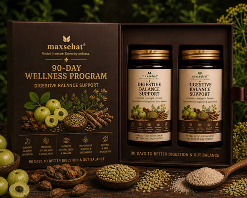 MaxSehat 90-Day Digestive Balance Support Program featuring two herbal wellness jars in a premium presentation box.