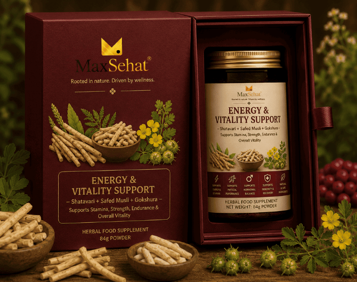 MaxSehat Energy and Vitality Support product box and amber jar