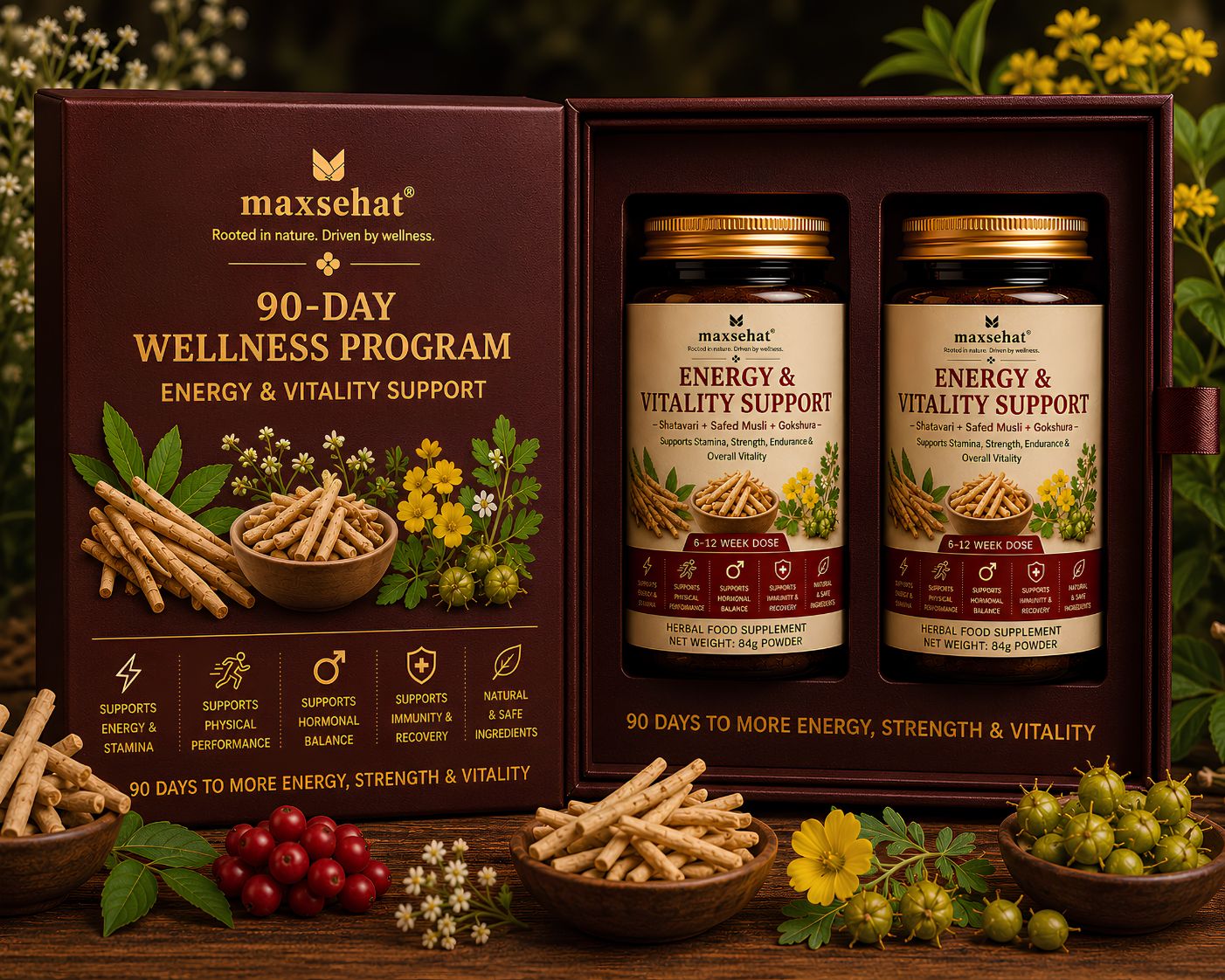 MaxSehat 90-Day Energy & Vitality Support Program featuring two herbal wellness jars in a premium presentation box.