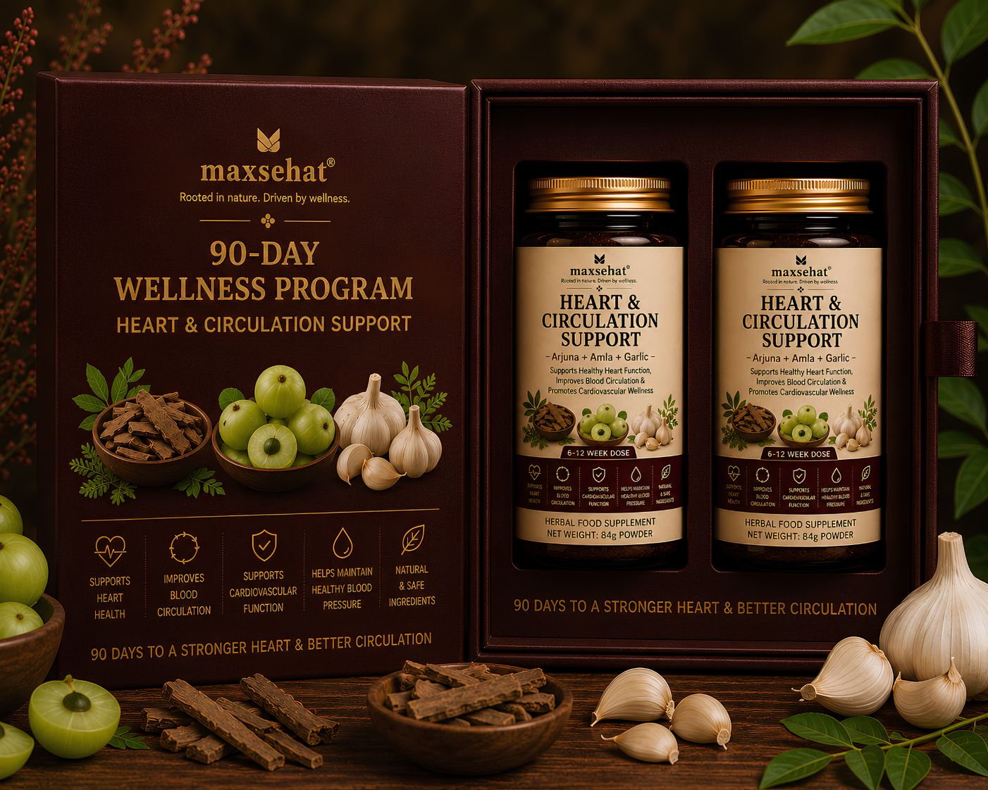 MaxSehat 90-Day Heart & Circulation Support Program featuring two herbal wellness jars in a premium presentation box.