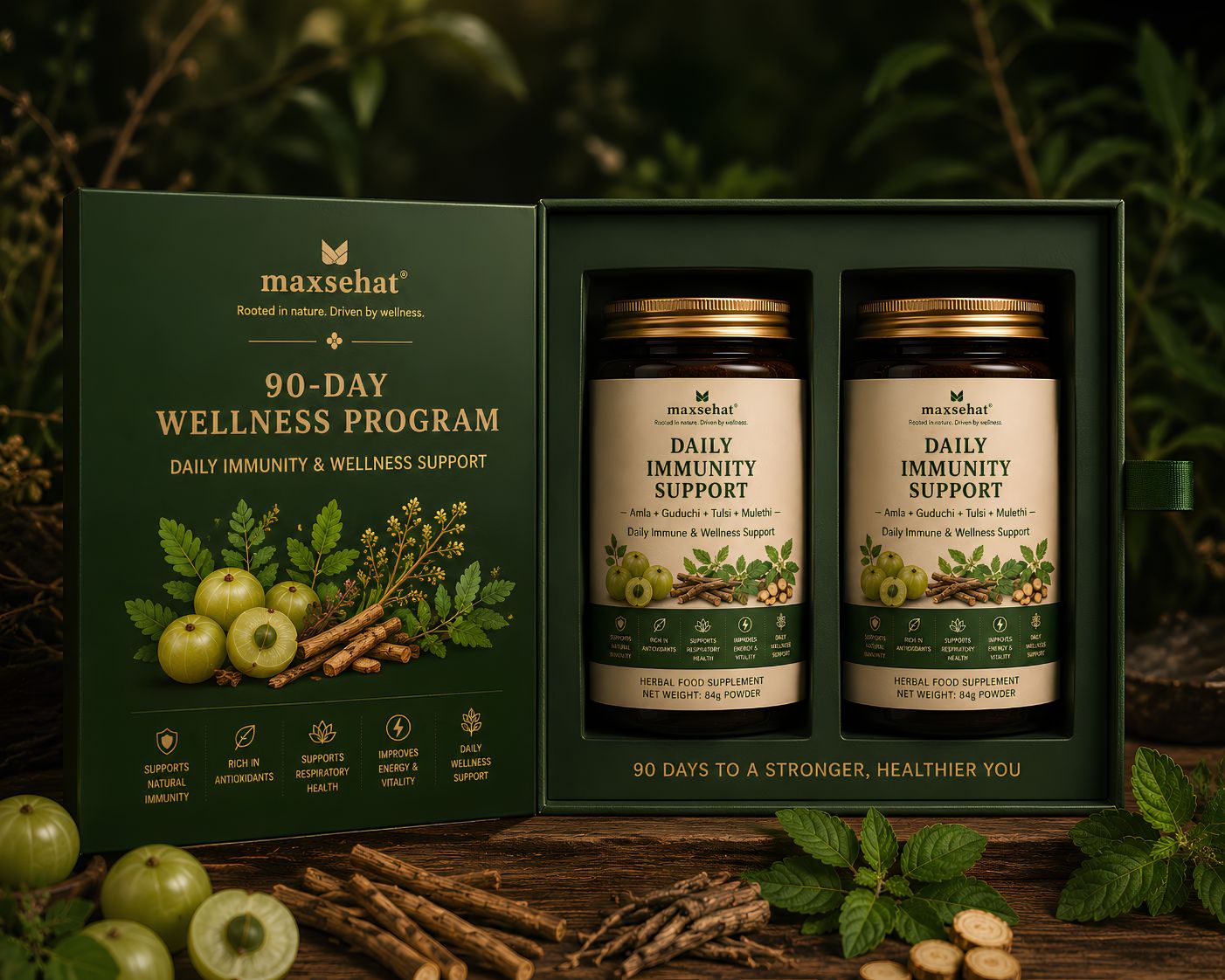 MaxSehat 90-Day Daily Immunity & Wellness Support Program featuring two herbal wellness jars in a premium presentation box.