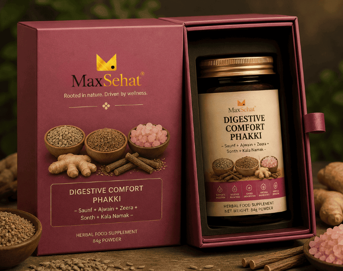 MaxSehat Digestive Comfort Phakki product box and amber jar