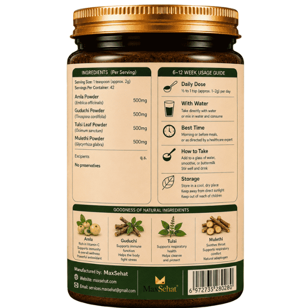 Back label of MaxSehat Daily Immunity Support showing ingredients and usage directions