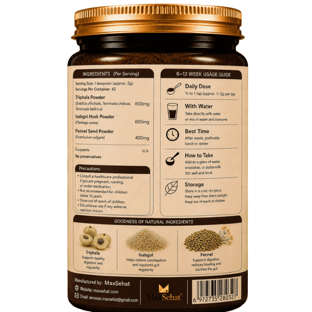 Back label of MaxSehat Digestive Balance Support showing ingredients and usage directions