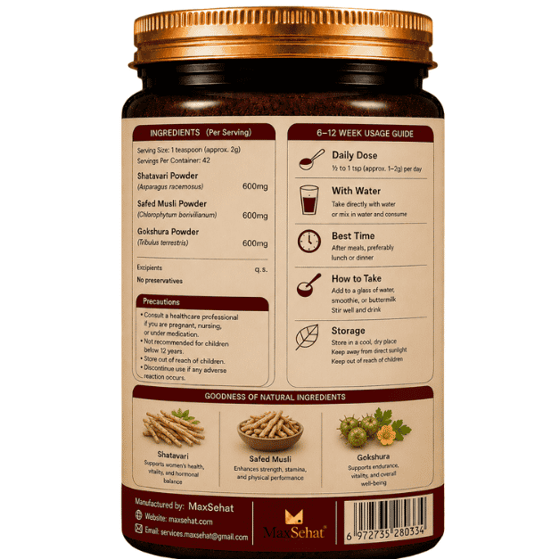 Back label of MaxSehat Energy and Vitality Support showing ingredients and usage directions