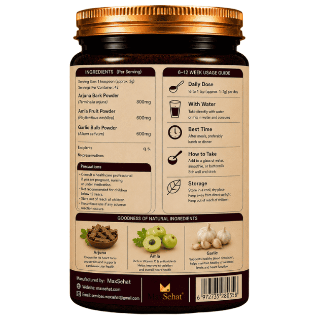 Back label of MaxSehat Heart and Circulation Support showing ingredients and usage directions
