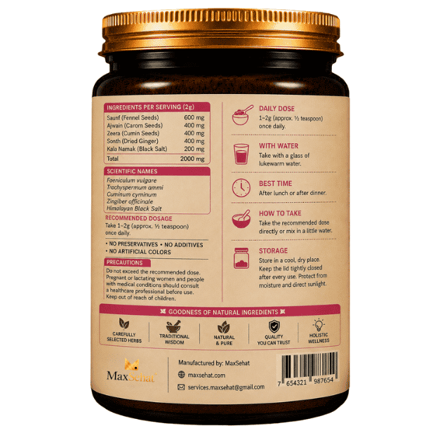 Back label of MaxSehat Digestive Comfort Phakki showing ingredients and usage directions