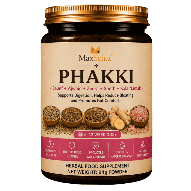 MaxSehat Digestive Comfort Phakki herbal powder blend in amber jar